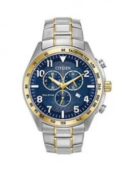 Image of Citizen Eco-Drive Blue Dial Chronograph Two-Tone Stainless Steel Bracelet Mens Watch, One Colour, Men