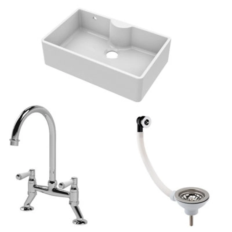 Image of Balterley Fireclay 1 Bowl Butler Sink Overflow Ledge Waste Mixer Tap 795mm Silver