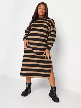 Image of Yours Oversized Long Sleeve T-Shirt Jumbo Stripe Dress With Cuff - Natural/Black, Natural, Size 20, Women