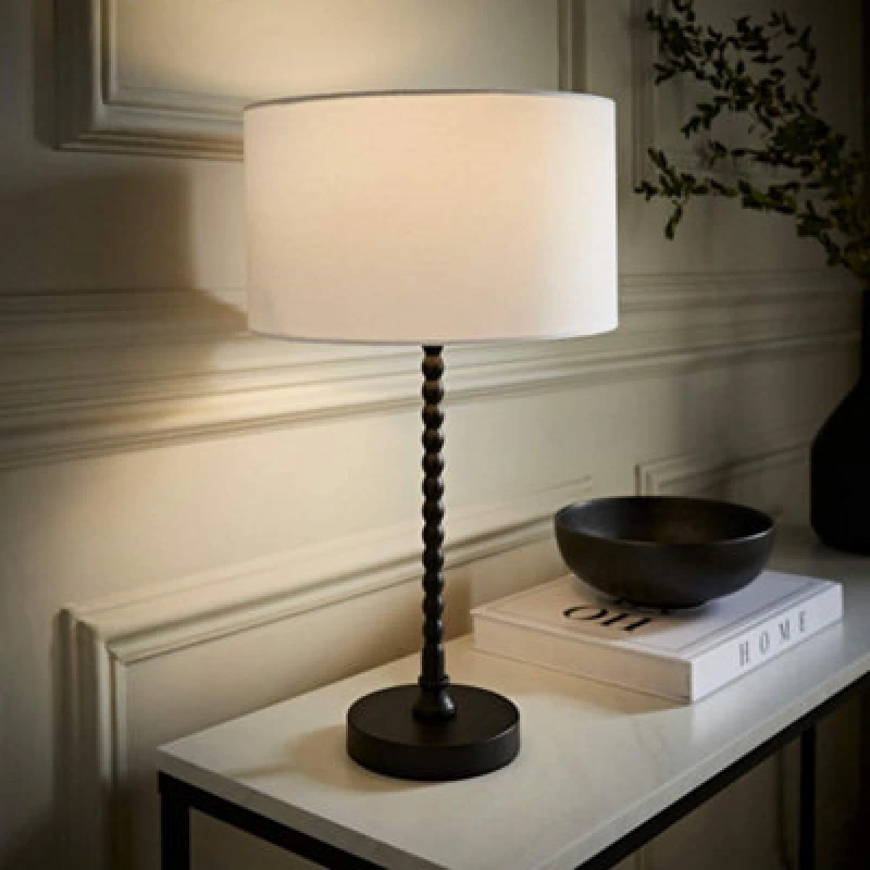 Image of ValueLights ValueLights Maeve Fabric Drum Lamp Shade Matte Black Bobbin Bobble Table Lamp in White White One Size Unisex 5059406065132