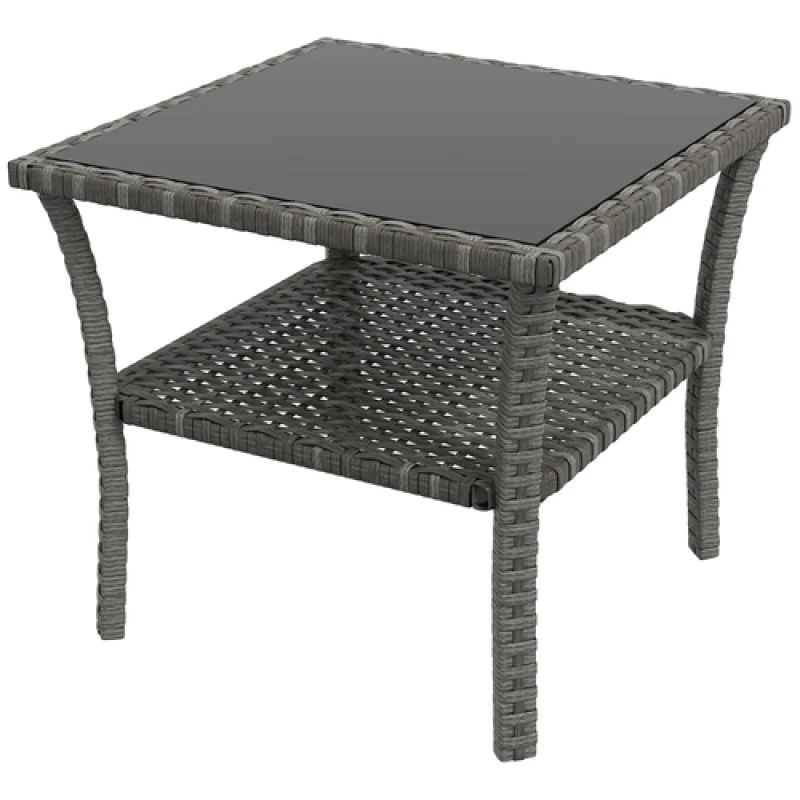Image of Outsunny Outsunny PE Rattan Coffee Table, Two-tier Side Table with Glass Top, Grey
