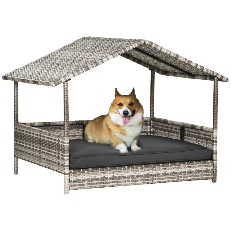 Image of PawHut PawHut Wicker Dog House, Rattan Pet Bed with Soft Cushion - Dark Grey