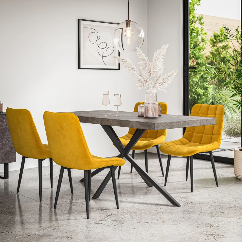 Image of More4Homes Donni Dining Table And Chairs - Concrete Effect Table Top W Black Legs + Nova Velvet Dining Chair Set Of 4 (Mustard)