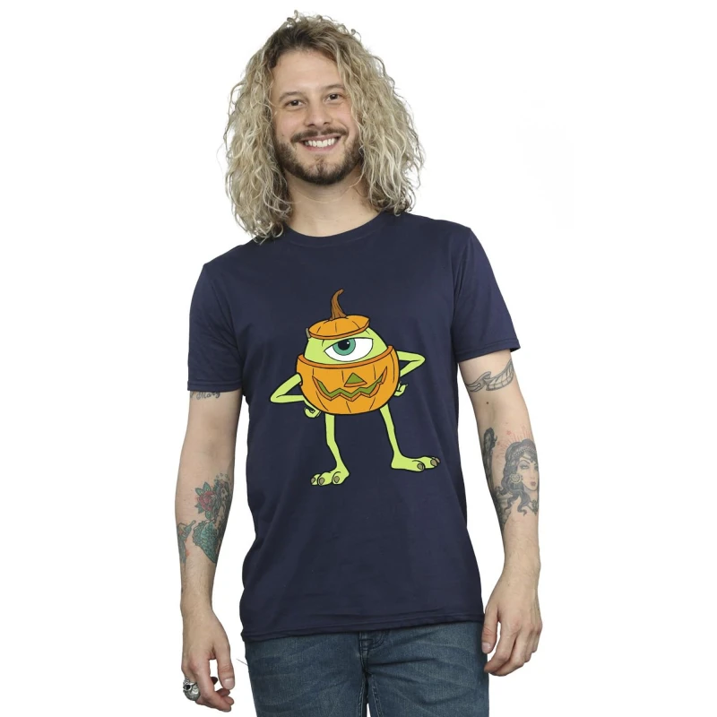 Image of Disney Men Mike Pumpkin Cotton Halloween T-Shirt in Navy Size: Small Navy S Male 5063376630153