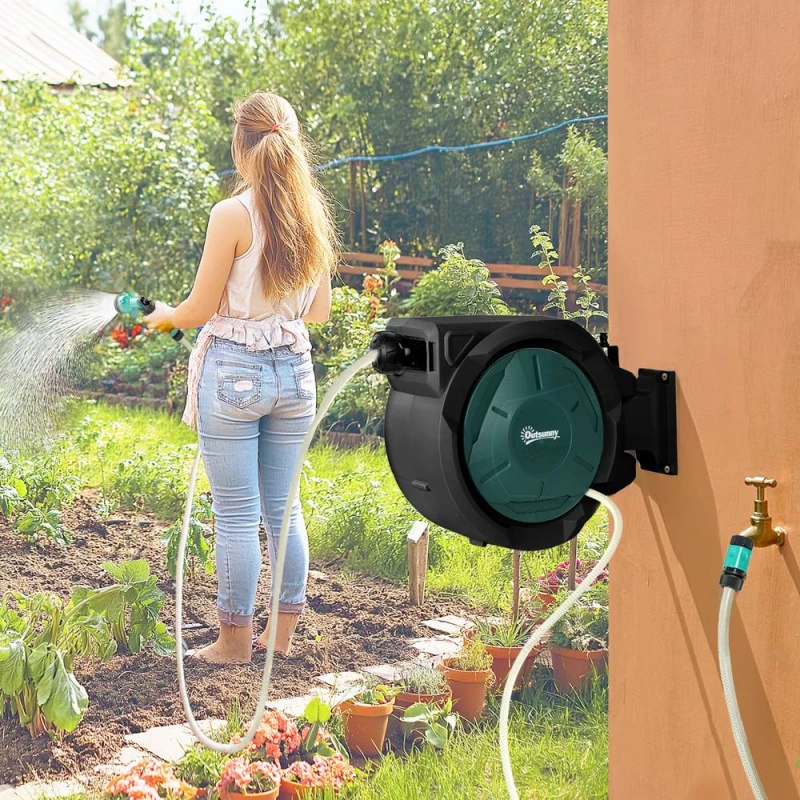Image of OUTSUNNY Retractable Hose Reel Wall Mounted with Lock, Green Green Unisex