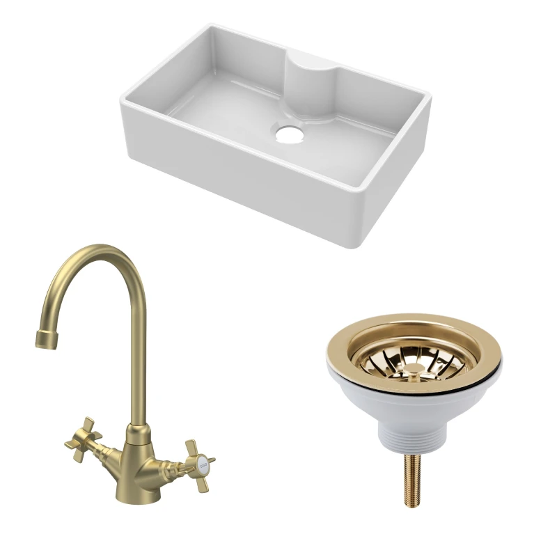Image of Balterley Fireclay 1 Bowl Butler Sink Tap Ledge Waste Tap Brushed Brass 795mm Bronze