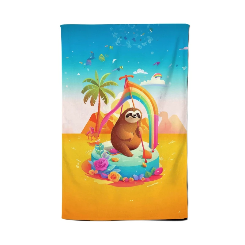 Image of Warren Reed - Designer Sloth On A Beach Holiday Tea Towel in Yellow Yellow Unisex