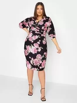 Image of Yours Curve Pleat Drop Shoudler Floral Wrap Dress, Black, Size 24, Women