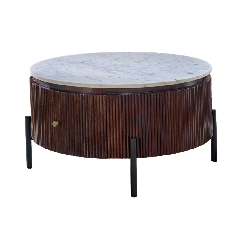 Image of Indian Hub Opal Mango Wood Round Fluted Coffee Table With Marble Top & Metal Legs
