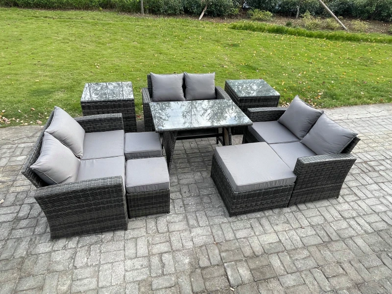 Image of Fimous Outdoor Lounge Sofa Set Wicker PE Rattan Garden Furniture Set with Rectangular Dining Table 2 Seat Sofa 2 Side Tables in Dark Grey Dark Grey Un