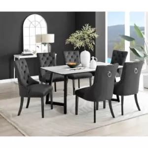 Image of Furniture Box Carson White Marble Effect Dining Table and 6 Black Belgravia Black Leg Chairs