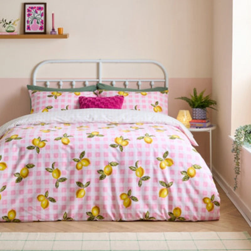 Image of Heya Home Gingham Lemons Reversible Duvet Cover Set, Single