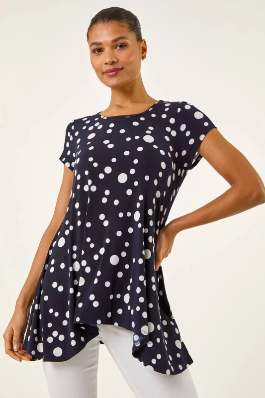 Image of Roman Womens Spot Print Hanky Hem Stretch Top in Navy Size: 14 Navy Female 14
