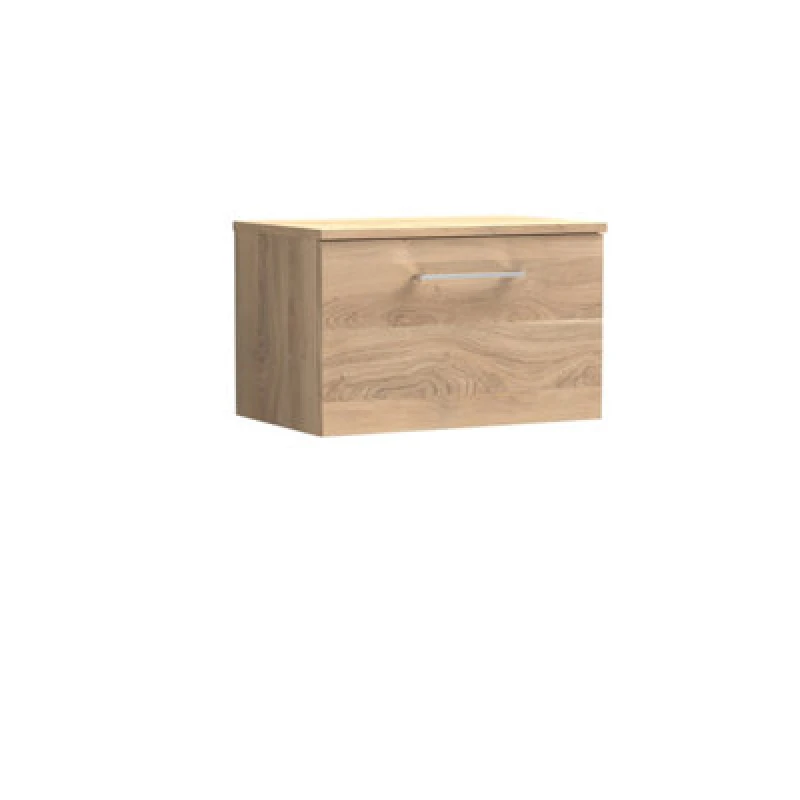 Image of Nuie Arno Wall Hung 1-Drawer Vanity & Bleached Cuneo Oak Worktop, Stylish Counter Top Vanity Unit In Bleached Oak, 600mm