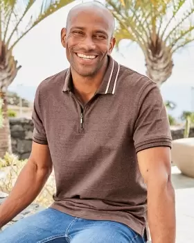 Image of Cotton Traders Mens Zip Neck Polo Shirt in Beige