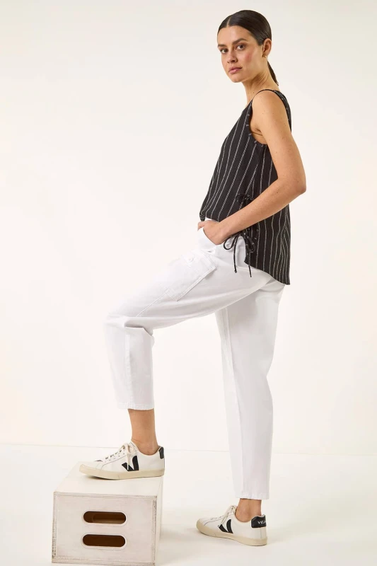 Image of Roman Womens Cotton Cargo Stretch Trousers in White Size: 14 White Female 14
