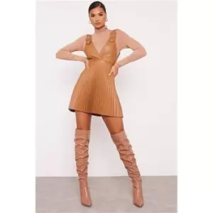 Image of I Saw It First Camel Faux Leather Buckle Detail Pleated Pinafore Dress - Brown