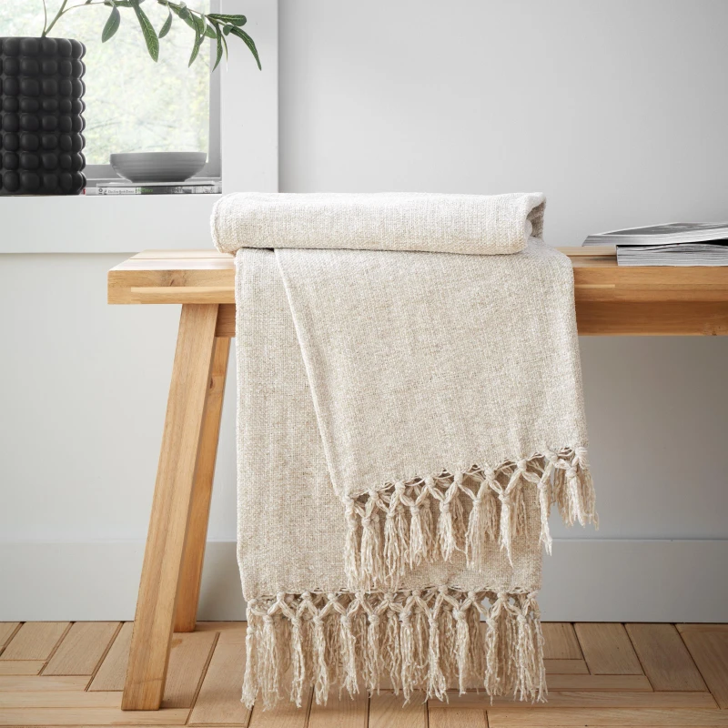 Image of Catherine Lansfield Wilson Plain Chenille Blanket Throw - Beige Beige One Size