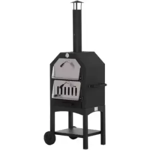 Image of Outsunny - Outdoor Garden Pizza Oven Charcoal BBQ Grill 3-Tier Freestanding w/ Chimney,Mesh Shelf ,Thermometer Handles, Wheels Garden Party Gathering