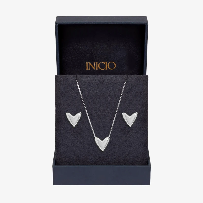 Image of Inicio Sterling Silver Plated Puff Heart Set - Gift Box Jewellery Sets One Size Silver 73779511000