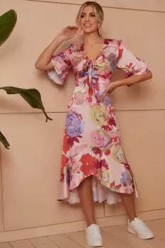 Image of Short Sleeve Tie Front Floral Midi Dress