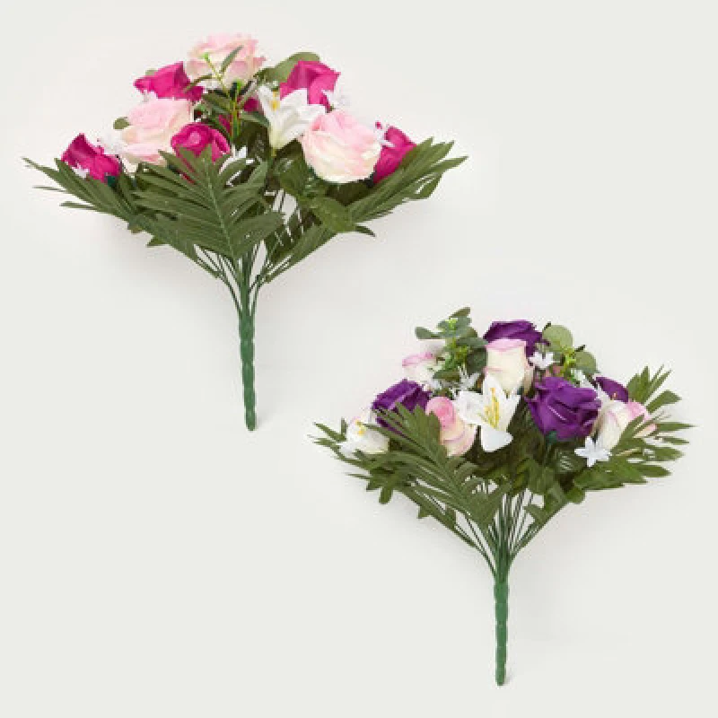 Image of Homescapes Set Of 2 Artificial Pink & Purple Handcrafted Rose & Lily Bouquets, 35 X 30 Cm