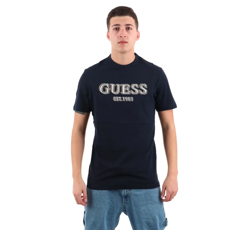 Image of Guess Round Neck T-Shirt with Logo Guess Bleu Male L