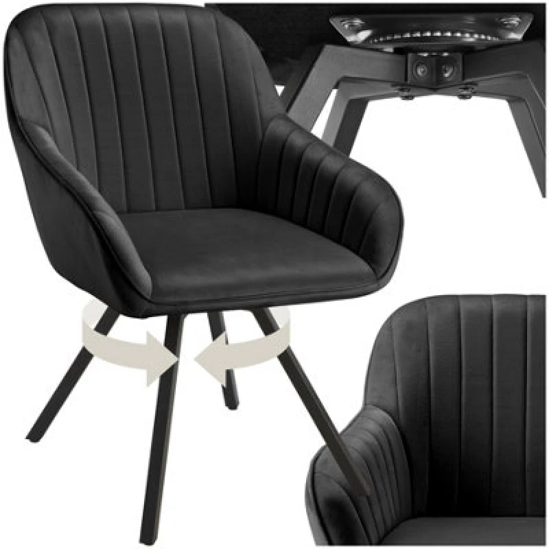 Image of Tectake 1 Lounge Armchair Living Room Accent Chair 360 Swivel Slim Steel Legs Velvet Fabric - Black