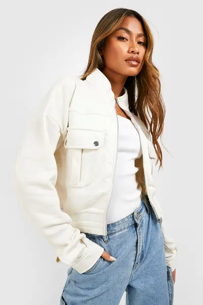 Image of boohoo Pocket Detail Bomber Jacket Cream