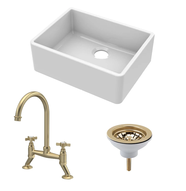 Image of Balterley Single Bowl Butler Sink, Strainer Waste & Bridge Crosshead Mixer Tap Bronze