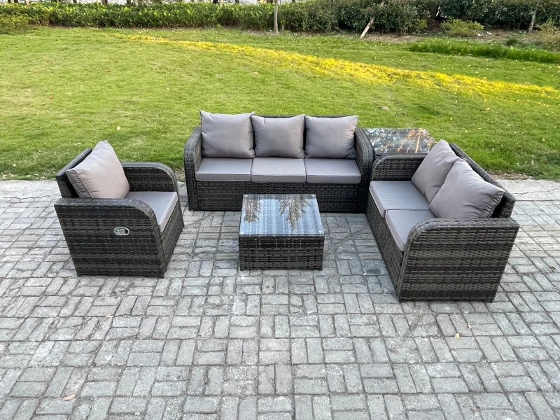 Image of Fimous Rattan Garden Furniture 5 Piece Patio Set With Table Sofa Square Coffee Table Reclining Chair Loveseat sofa Side Table Dark Grey