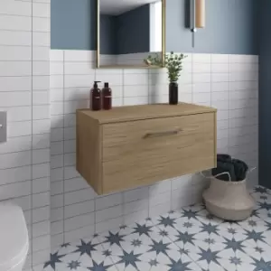 Image of Hudson Reed Juno Wall Hung 1-Drawer Vanity Unit with Worktop 800mm Wide - Autumn Oak