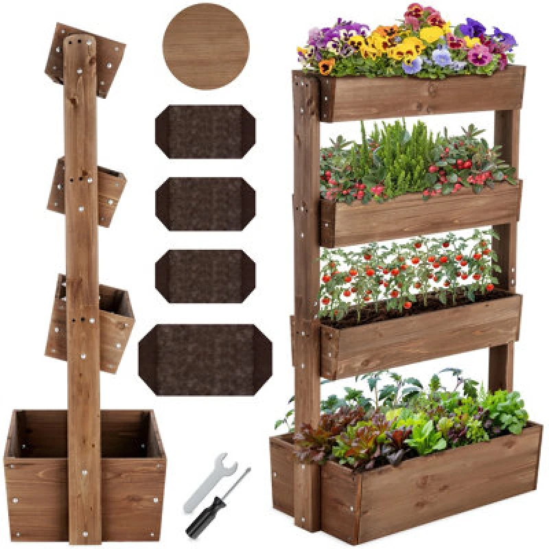 Image of Tectake Vertical Planter Flora In A Rustic Wooden Design With 3 To 5 Tiers And Plant Fleece Included 85 X 45 X 140 Cm - Brown