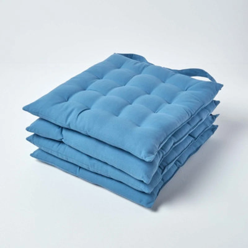 Image of Homescapes Airforce Blue Seat Pads Or Cotton Chair Cushions 40X40 Cm, Set Of 4 Plain Chair Pads For Dining, Kitchen Or Outdoor
