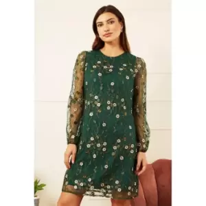 Image of Yumi Green Embroidered Floral Tunic Dress - Green