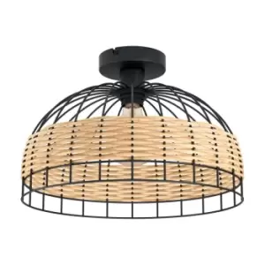 Image of Eglo Rattan And Black Steel Flush Ceiling