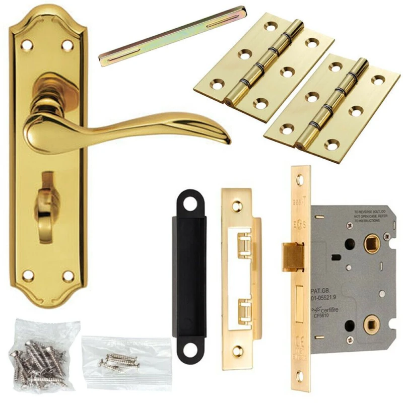 Image of Loops Door Handle & Bathroom Lock Pack Brass Victorian Curved Thumbturn Backplate Metallics