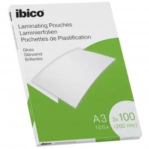 Image of Ibico Gloss A3 Laminating Pouches 200 Micron Crystal clear Pack 100