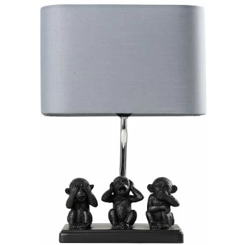Image of Table Lamp Three Wise Monkeys Grey Fabric Shade - No Bulb