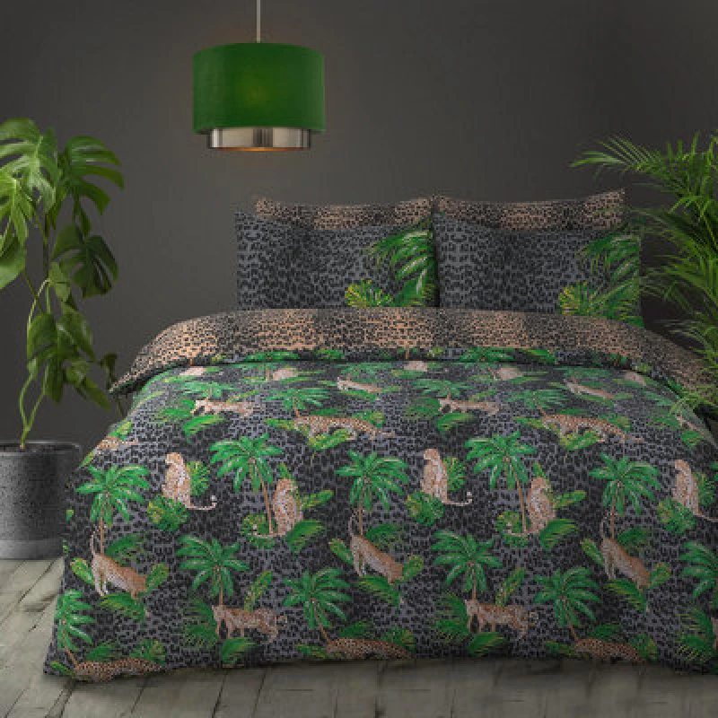 Image of Velosso Nature Inspired Tropical Print Duvet Cover Set With Pillowcases, Bedroom Decor, Exotic Jungle Theme Bedding Ensemble - Green