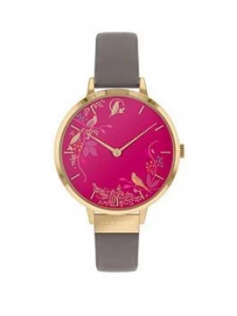 Image of Sara Miller Chelsea Pink Birds and Gold Detail 34mm Dial Grey Leather Strap Ladies Watch, One Colour, Women