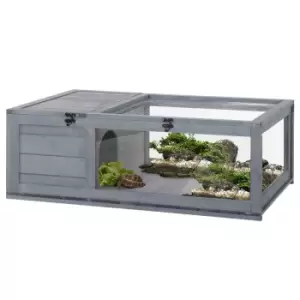 Image of PawHut Tortoise House w/ Mesh Roof, Small Pet Reptile Wooden House - Grey