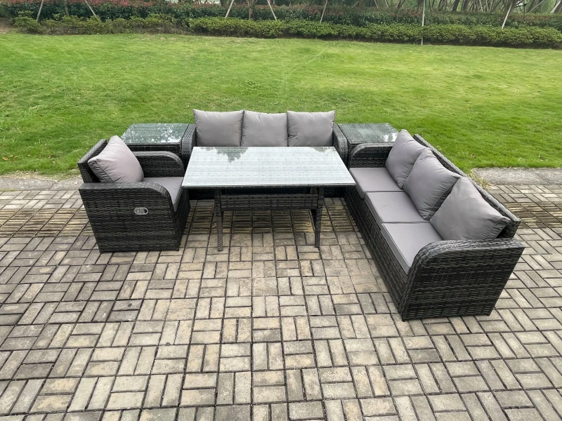 Image of Fimous 7 Seater Rattan Garden Furniture Set Oblong Rectangular Dining Table & Chairs Set with 3 Seater Sofa 2 Side Tables Dark Grey Mixed Dark Grey Un