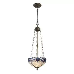 Image of 3 Light Uplighter Ceiling Pendant E27 With 30cm Tiffany Shade, Blue, Clear Crystal, Aged Antique Brass - Luminosa Lighting