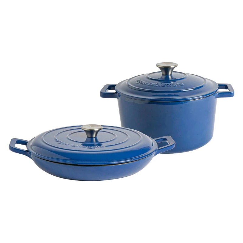Image of Argon Tableware 2Pc Cast Iron Casserole Dish Set - 2.3L & 4.5L Blue Enamel Finish, Oven Safe Dutch Oven Cookware With Lid