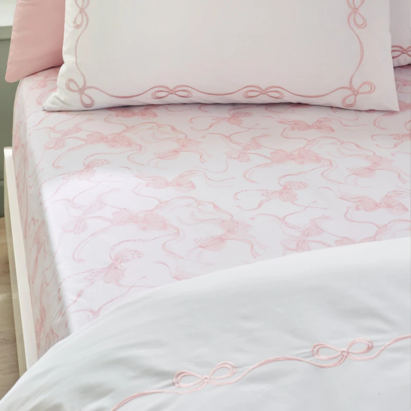 Image of Catherine Lansfield Bow Fitted Sheet White / Pink unisex Double