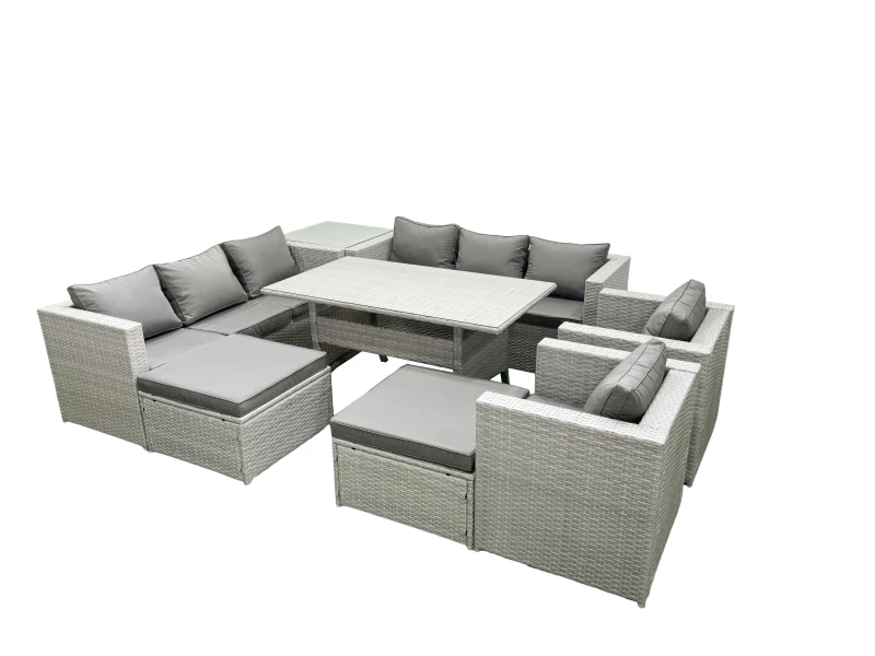 Image of Fimous Rattan Garden Furniture Set Outdoor 8 Seater Patio Dinin g Sofa Sets with Dining Table 2 Chairs Side Table 2 Big Footstools Light Grey Mixed Li