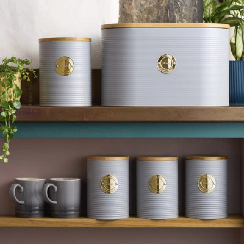 Image of Cooks Professional 5Pc Tea, Coffee, Sugar, Biscuit & Bread Ribbed Canister Kitchen Storage Set With Bamboo Lids - Grey & Gold