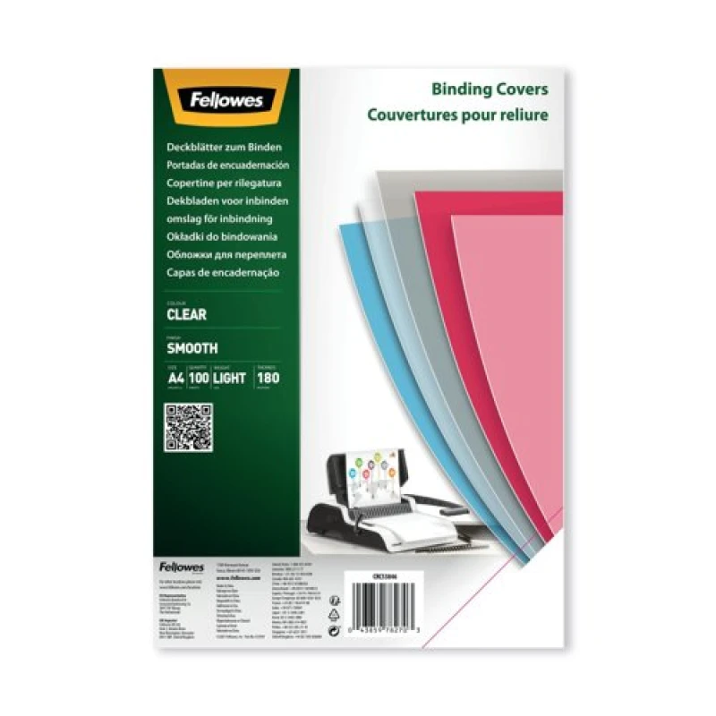 Image of Fellowes Clear PET Binding Cover 180 micron A4 Pack of 100 5384601