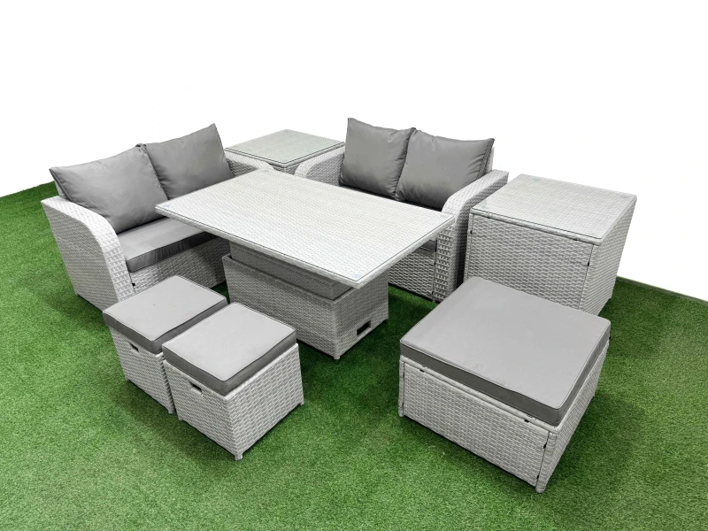 Image of Fimous 7 Seater Outdoor Love Sofa Set Rattan Garden Furniture Set with Adjustable Lifting Dining or Coffee Table 3 Footstool 2 Side Tables Light Grey